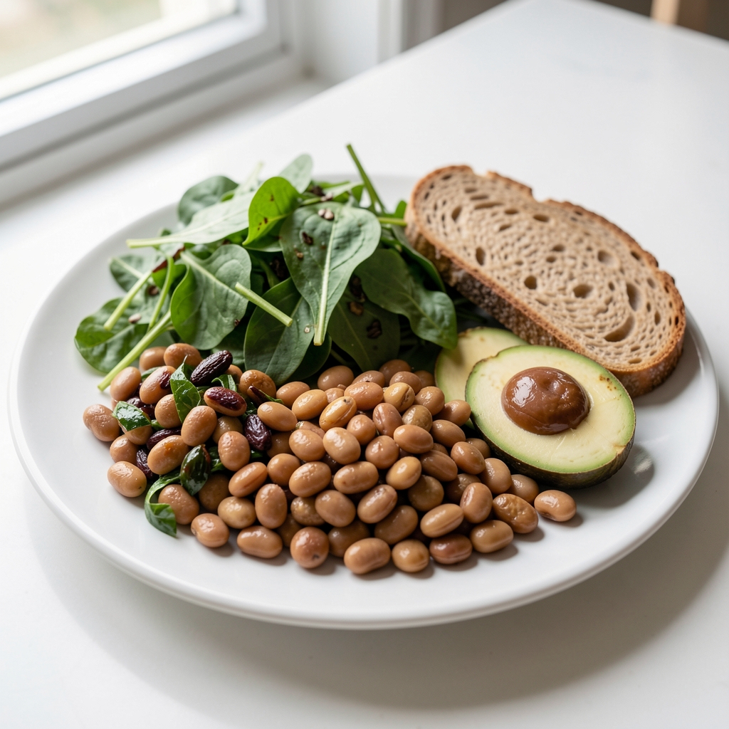 Close-up of a balanced whole foods lunch plate with legumes, leafy greens, and whole grain bread on a white ceramic surface, natural window light