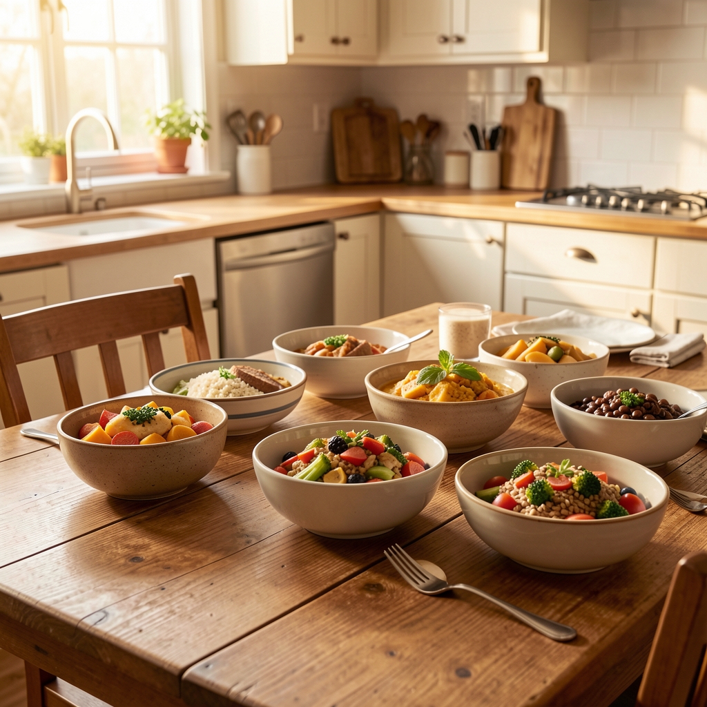 Dining table set with portion-controlled whole food bowls in warm morning kitchen light, editorial composition