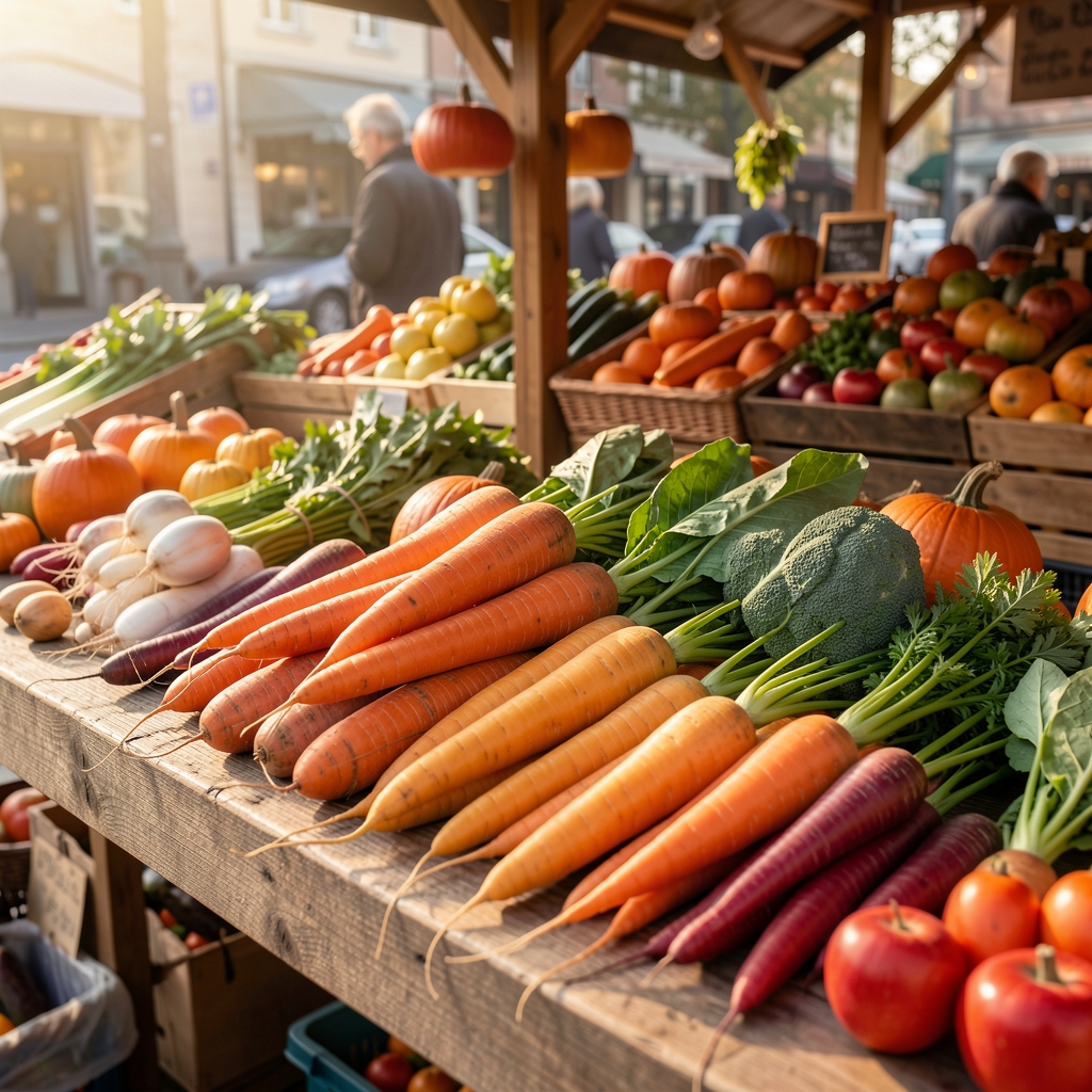 Freshly harvested autumn vegetables on a wooden market stall surface, early morning natural lighting