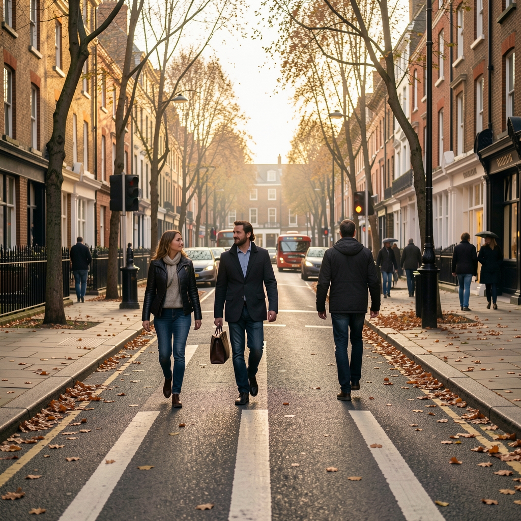 A quiet early morning street walk in London, pedestrian crossing with low autumn light and fallen leaves on the pavement
