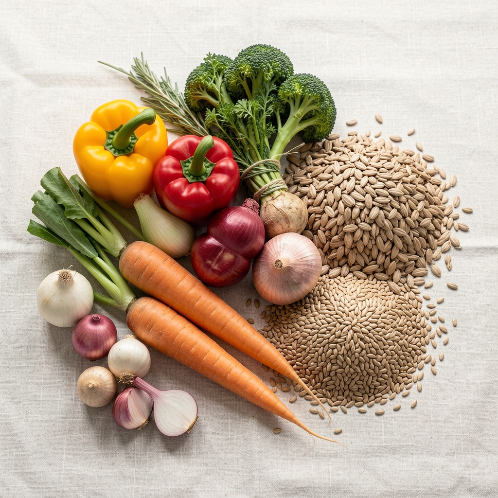 Seasonal vegetables and whole grains arranged on a pale linen surface, editorial food composition in natural daylight