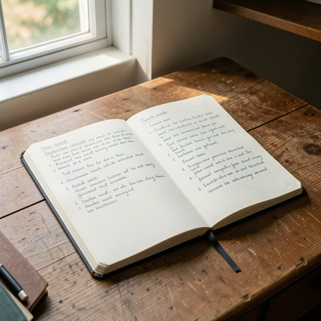 Open notebook with handwritten nutrition observation notes on a wooden desk, pen resting alongside, natural daylight